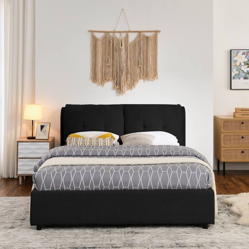 Luxury Upholstered Platform Bed with Integrated Headboard & Storage - Black