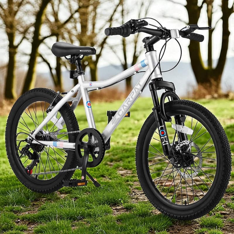 20 Inch Kids Mountain Bike for Boys & Girls Ages 6-12, 7-Speed Steel Frame with Front Suspension & Disc Brakes - White