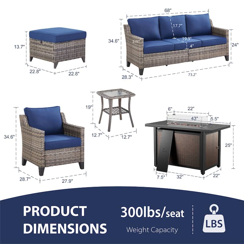 Glissia 7-Piece Gray Wicker Fire Pit Conversation Set with Wicker fire pit