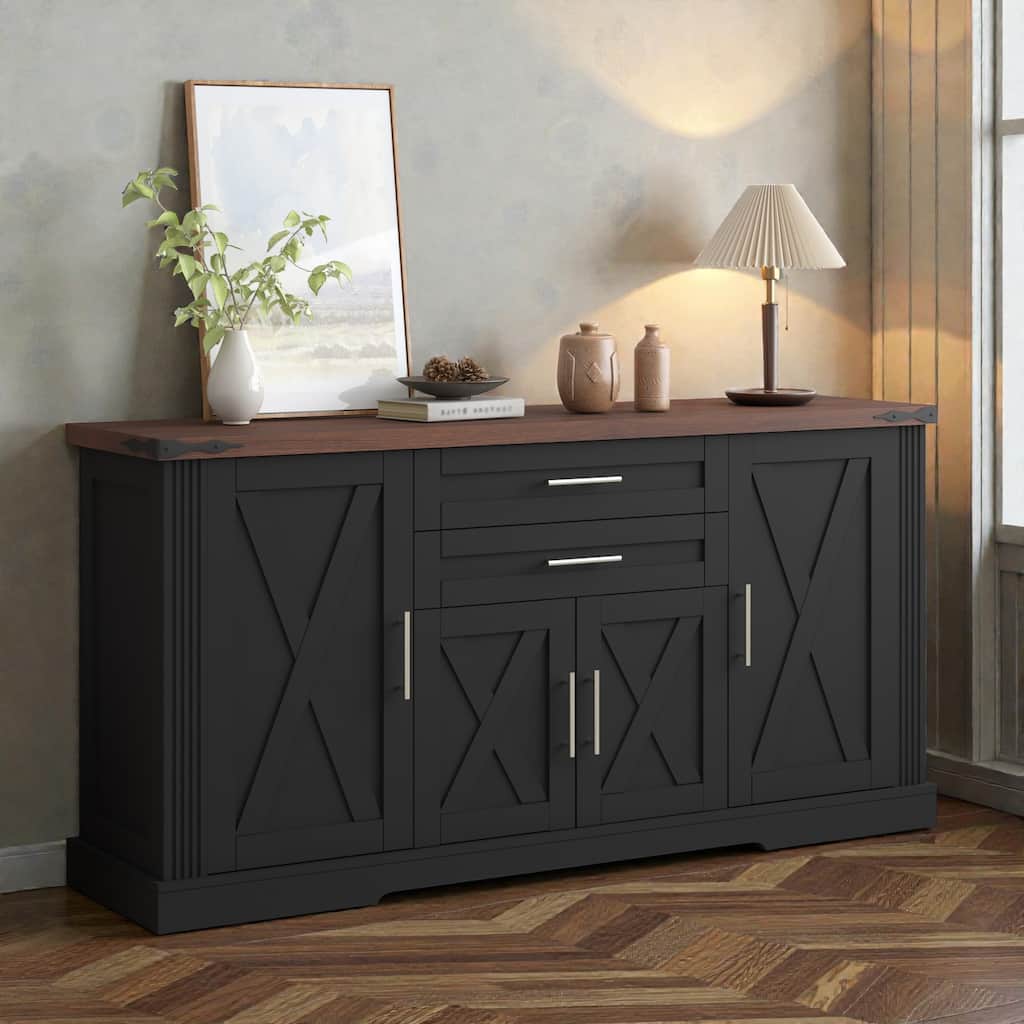63 Inch Farmhouse Barn Door Buffet Cabinet with Drawers, Coffee Bar Storage Console with Adjustable Shelves