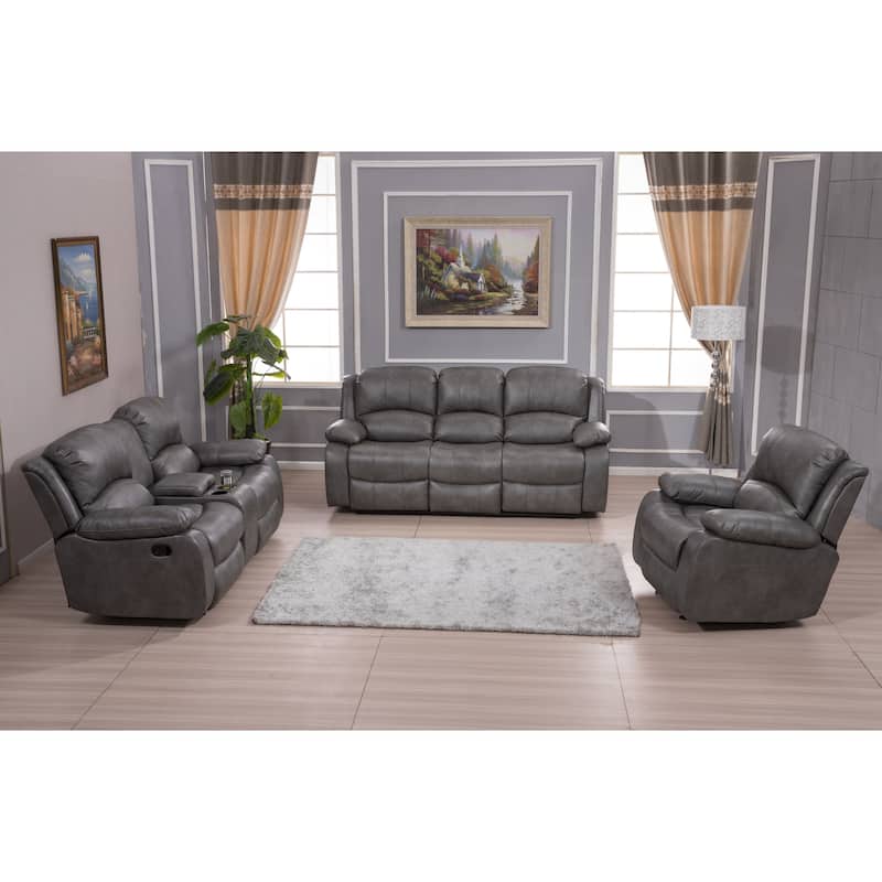 Betsy Furniture 3 Piece Bonded Leather Reclining Living Room Set, Sofa, Loveseat and Glider Chair - Grey