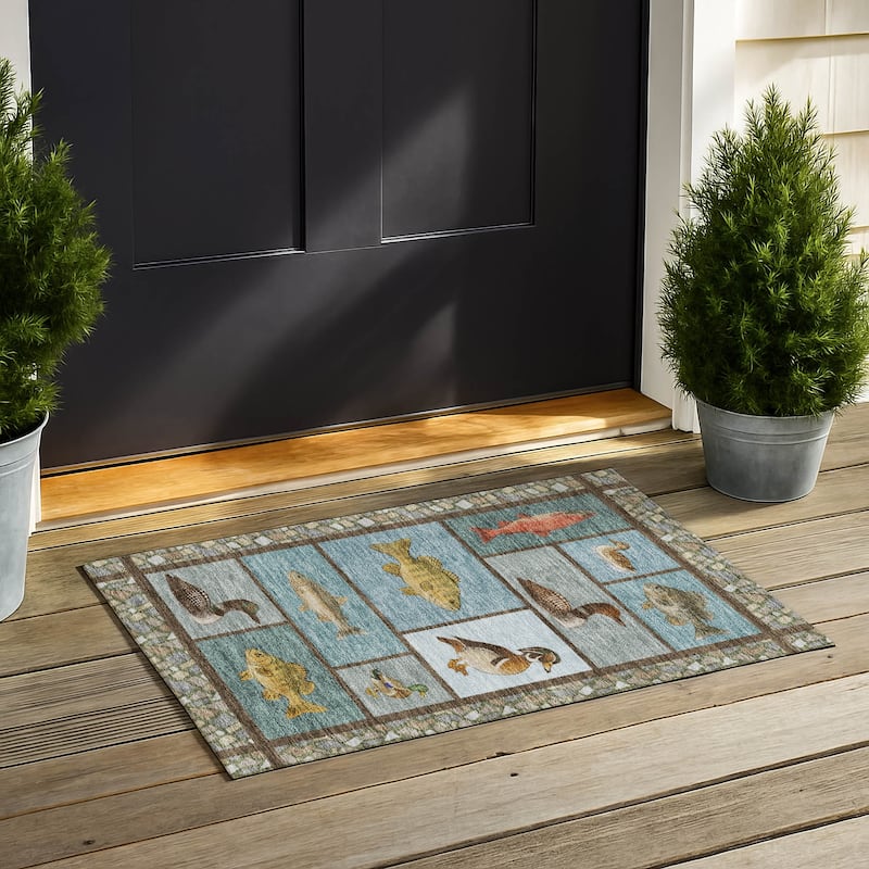 Machine Washable Indoor/ Outdoor Cabin Lodge Chantille Rug - Teal - 1'8" x 2'6"