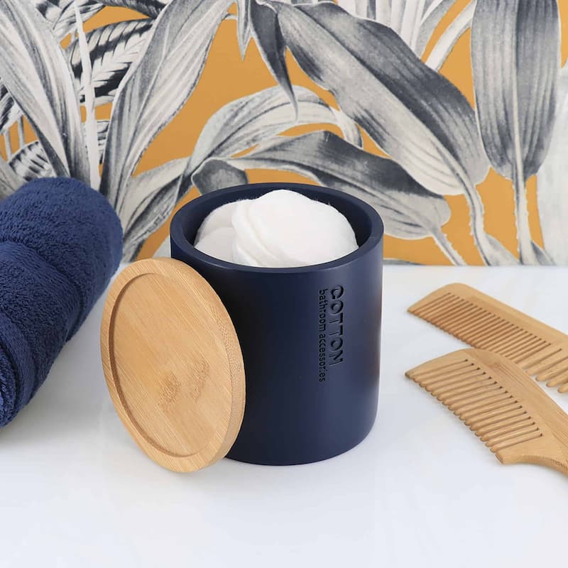 Sleek Cotton Pad Holder - Polyresin Bathroom Storage Container with Bamboo Lid - 4 L x 4 W x 4.6H - Navy Blue