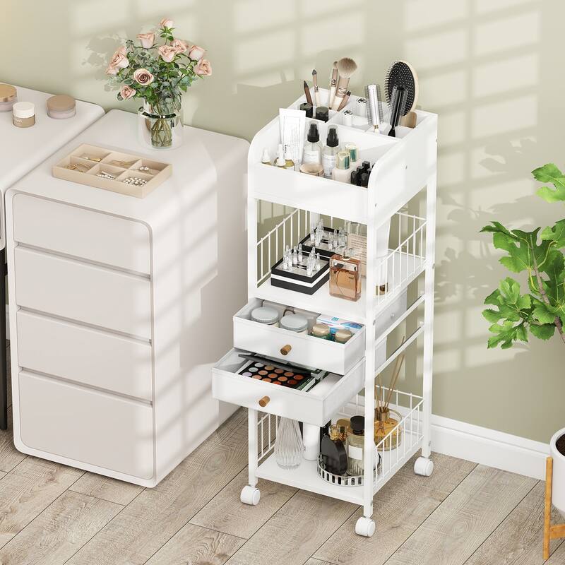 White Rolling Makeup Organizer with Drawers and Shelves Metal Vanity Storage Cart with Wheels - 12" x 12" x 35.5"