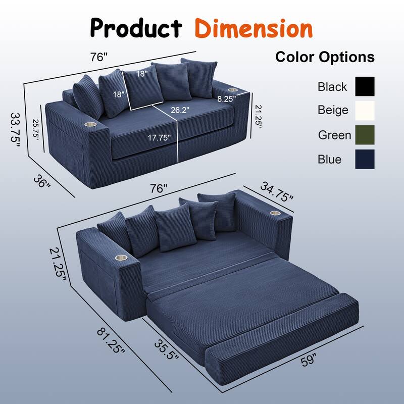 76" Folding Convertible Sofa Bed - Multi-Functional Sleeper Sofa for Living Room, Apartment, Office