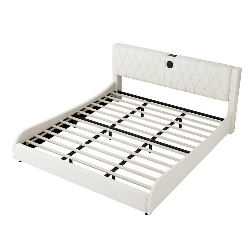 Faux Leather Upholstered Frame Platform Bed with Thickened Headboard Built-in Bluetooth Speakers, RGB LED Light Bed Frame