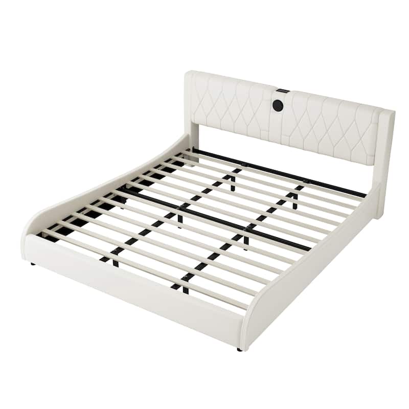 King Size Faux Leather Upholstered Platform Bed with RGB LED Lights, Bluetooth Speakers, Thickened Headboard