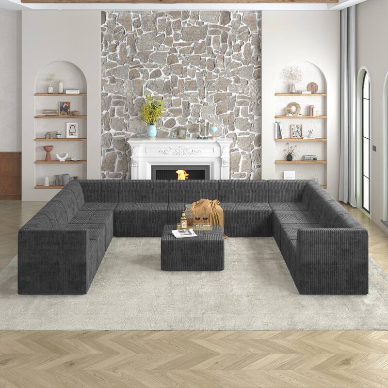 163.4" U-Shaped Corduroy Modular Sectional Sofa with Sleeper (4-9 Seaters) - Grey