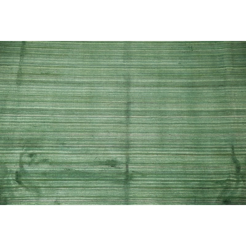 Striped Green Gabbeh Oriental Area Rug Handmade Silk Carpet - 9'1"x 11'5"