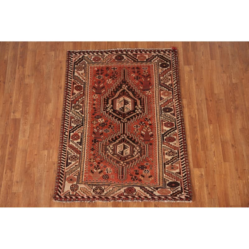Tribal Shiraz Persian Antique Area Rug Hand-Knotted Coral Wool Carpet - 3'5"x 4'9"