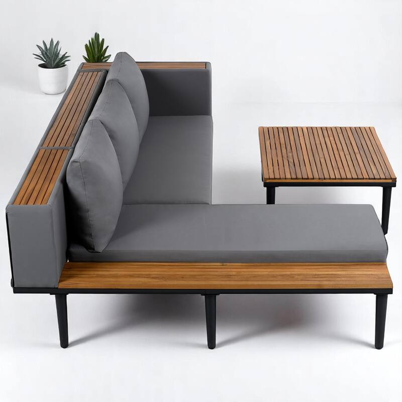 3-Piece Outdoor Sofa Set with Acacia Wood Frame, Side Table & Coffee Table, Weather-Resistant Cushions, Patio Conversation Set