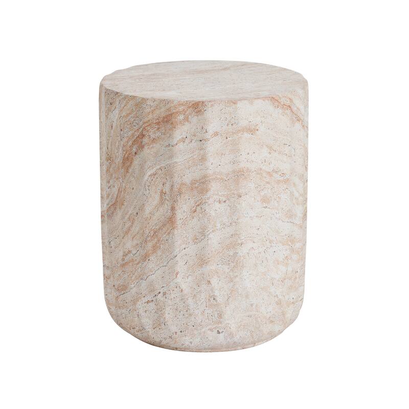 Outdoor Indoor Lightweight Concrete Side Table, Cylinder Travertine Finish Accent Table - 18.47