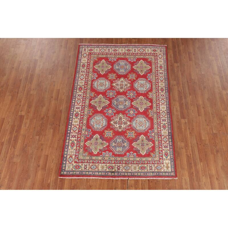 Red Geometric Kazak Area Rug Bedroom Hand-Knotted Wool Carpet - 4'8" x 7'2"