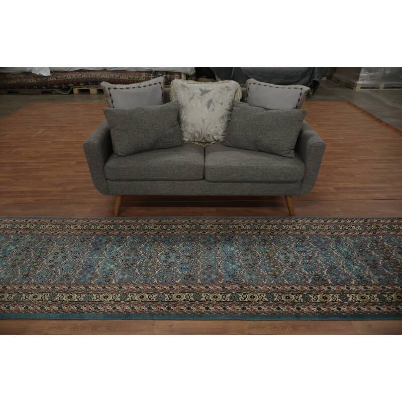 Hand Knotted Oriental 100% Wool Carpet Traditional All-Over Navy Blue & Blues Ziegler Runner Rug - 15' 10'' X 3' 4''