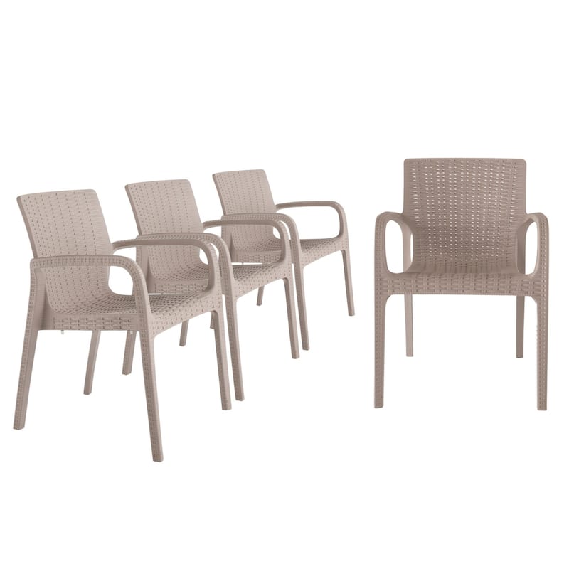 HomeRoots Set of Two Taupe Faux Rattan Heavy Duty Plastic Outdoor Stacking Arm Chairs