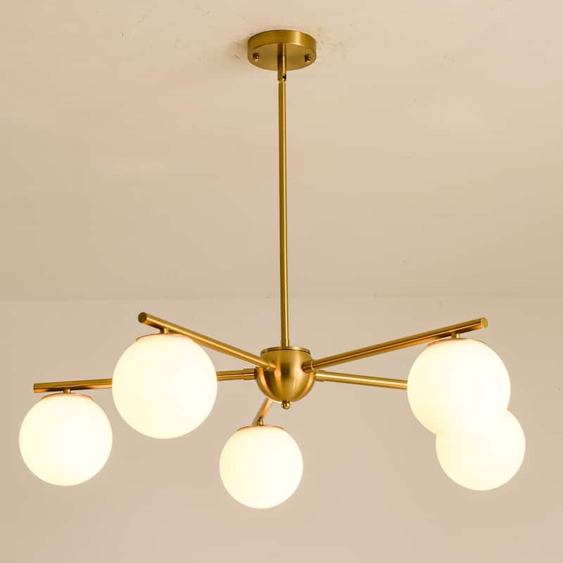 5-Light Brass Globe Chandelier, Modern Mid-Century Pendant for Living Room & Dining Room - 5 Light