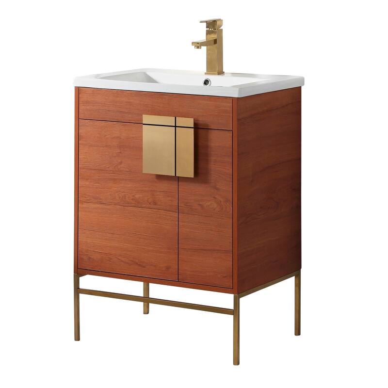 24-inch Modern Bathroom Vanity Set w/ Vitreous China Sink Top - Satin Brass - Spicy Walnut
