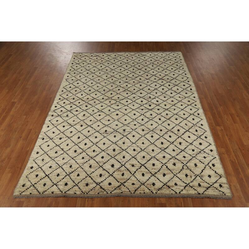 Beige Trellis Moroccan Oriental Area Rug Handmade Wool Carpet - 6'11" x 9'9"