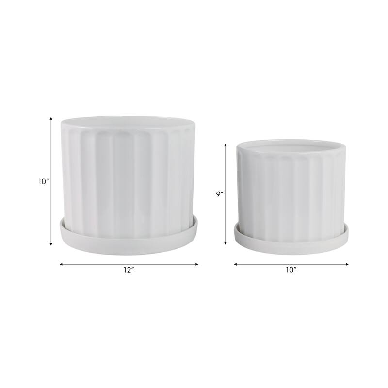 Ceramic Saucer Planters Ribbed Texture (Set of 2) - 10", 9" White - 12" x 12" x 10"