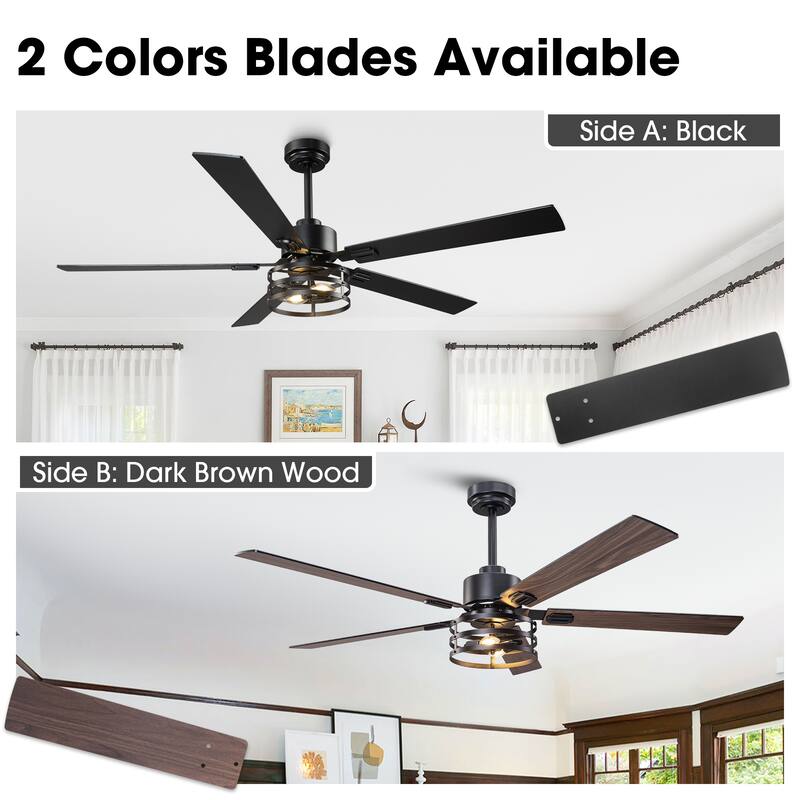 Vaczon 52" Industrial Reversible Wood 5-Blade Black Ceiling Fan with Light and APP Control
