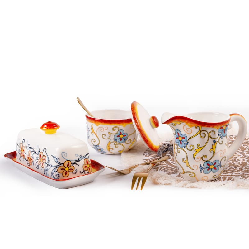 Euro Ceramica Duomo 3 Piece Breakfast Accessory Set - Sugar & Creamer & Butter Dish - Multi-color - 3 Piece