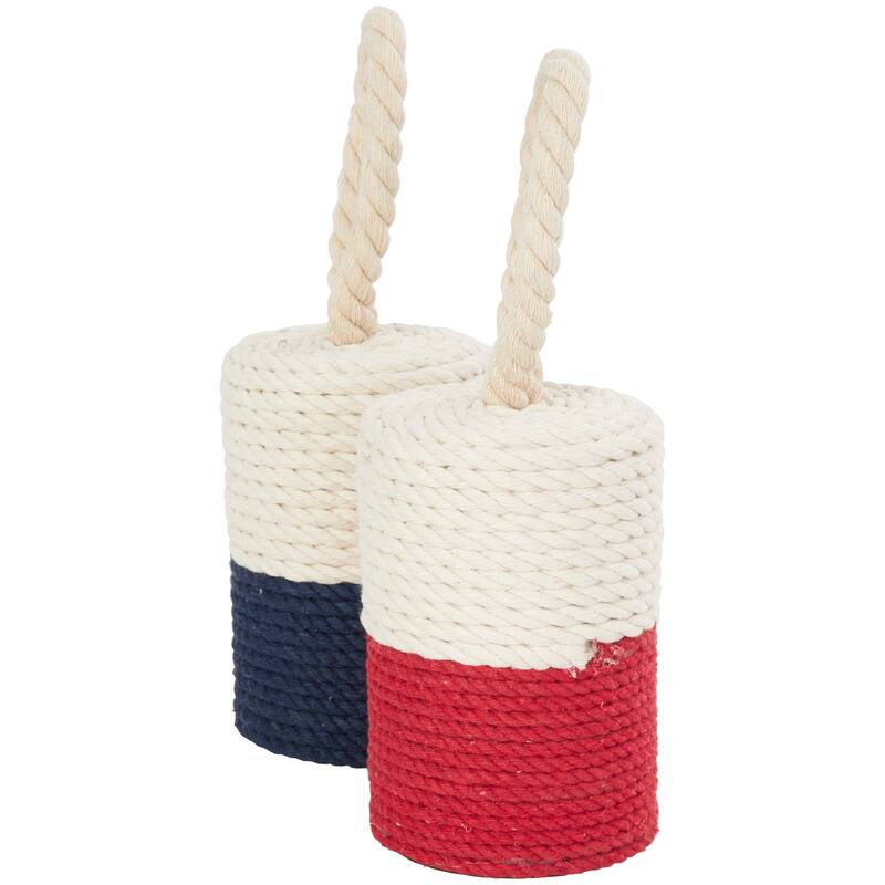 Cream Cotton Fabric Coiled Colorblock Buoy Sculpture with Red and Blue Bases (Set of 2)