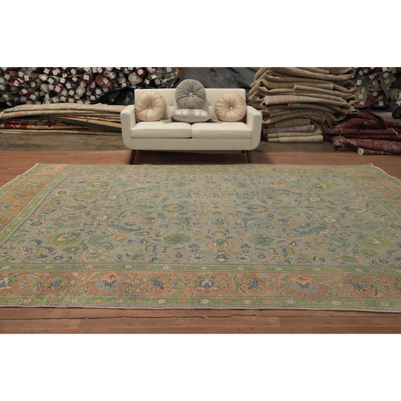 Hand Knotted Oriental 100% Wool Carpet Traditional All-Over Greys & Charcoal Tabriz Area Rug - 13' 3'' X 9' 8''