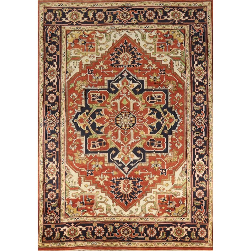 Geometric Medallion Heriz Serapi Indian Rug Hand-Knotted Wool Carpet - 8'10" x 12'0"