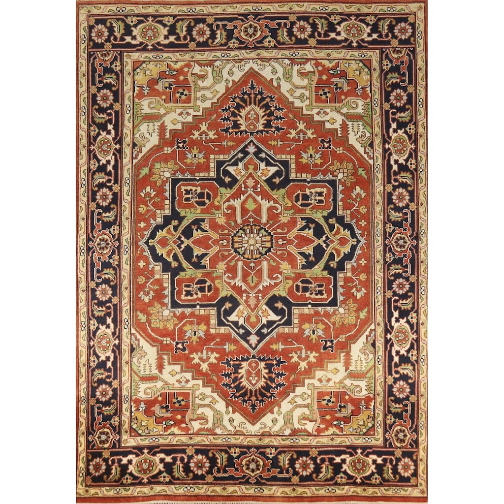 Geometric Medallion Heriz Serapi Indian Rug Hand-Knotted Wool Carpet - 8'10" x 12'0"