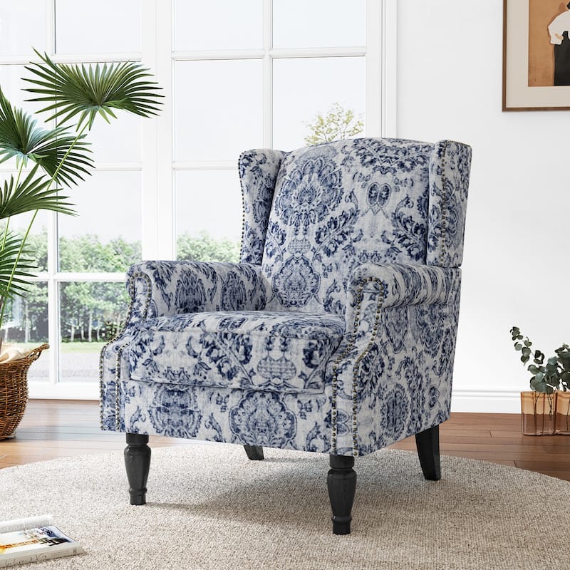 Mid-Century Modern Linen/ Vegan Leather Wing Back Accent Chair