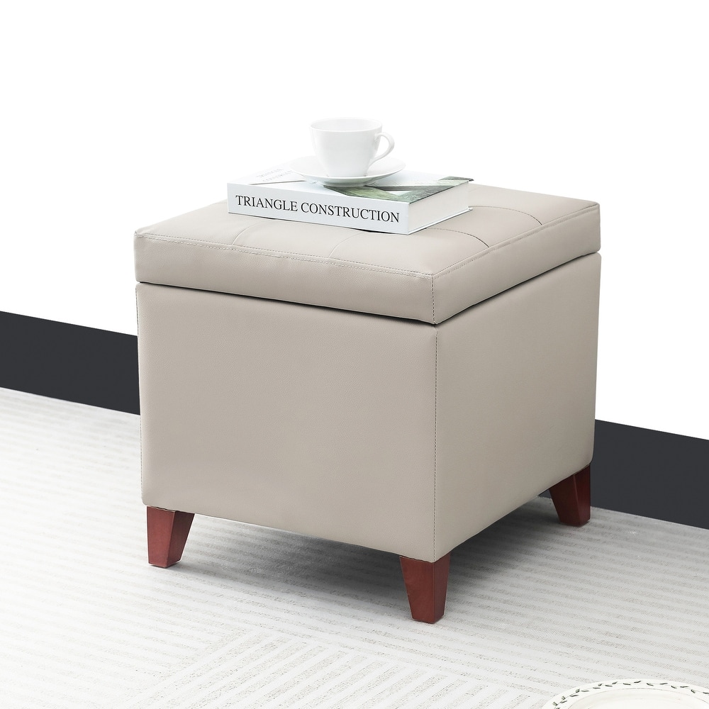 Adeco Bonded Leather Storage Ottoman Square Tufted Cube Footstool