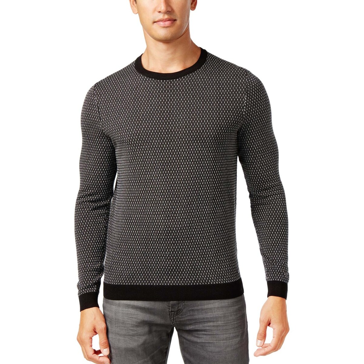 Hugo Boss Green Label Textured Geometric Crewneck Pullover Sweater Black - Overstock - 17415917