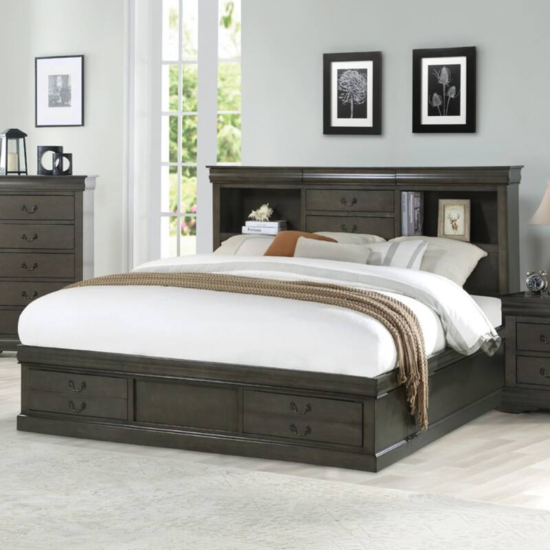 Wooden Queen Bed with Storage Space in Dark Gray