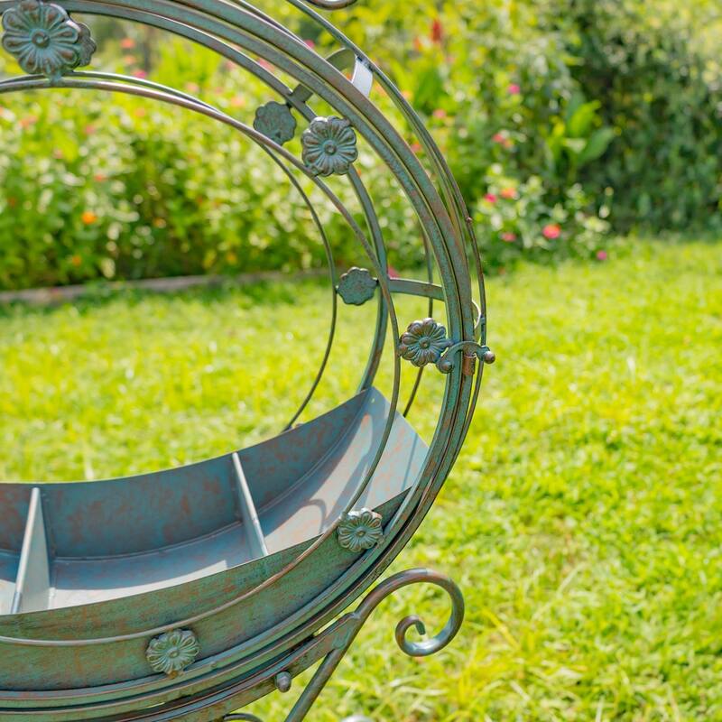 Set of 2 Tall Round Metal Planters with Removable Trays Garden Decor in Verdi Green