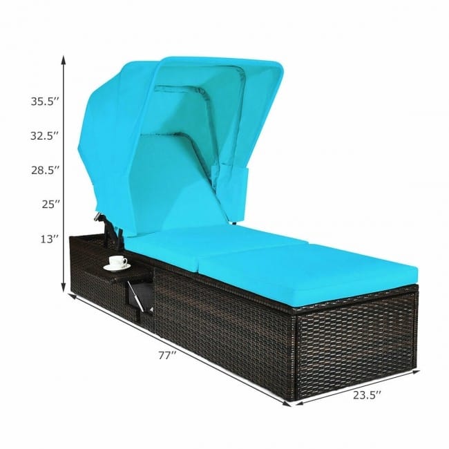 Chaise Cushioned Top Canopy Patio Rattan Lounge Chair with Tea Table - 77”x 23.5”x 13”-25”-28.5”-32.5”-35.5”(L x W x H)