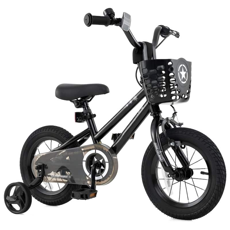 Kids Bike with Basket Adjustable Seat and Training Wheels - 12-Inches - Black