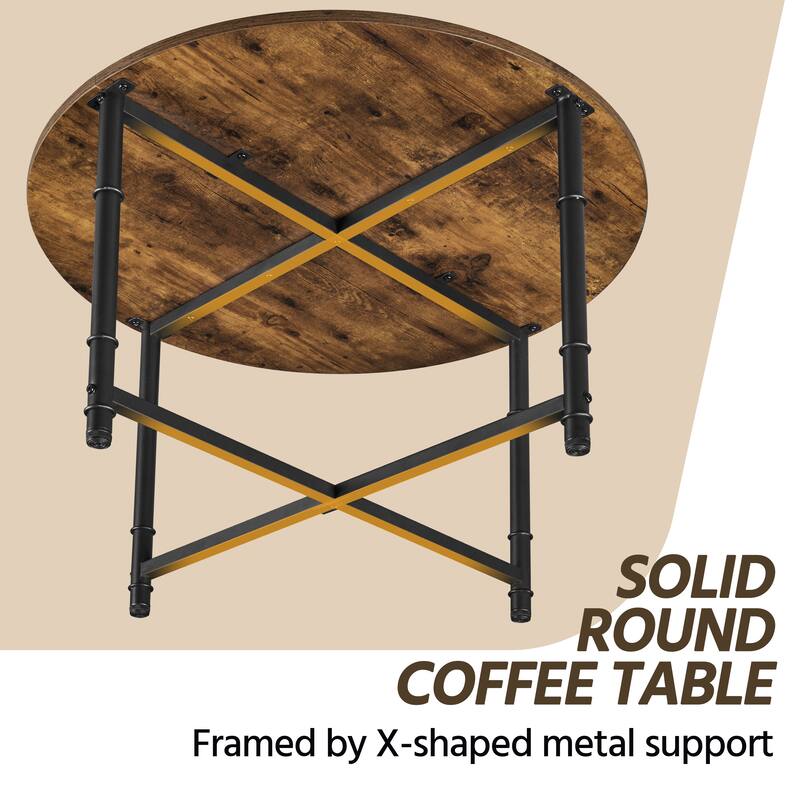 Yaheetech 35.5in Industrial Round Coffee Table with Metal Support, Rustic Brown