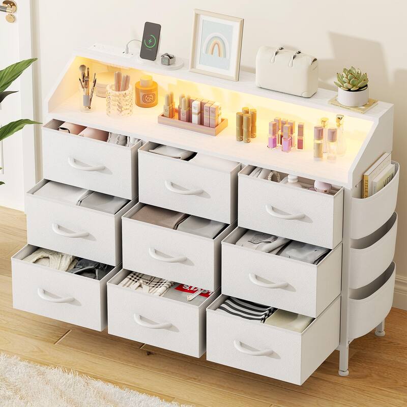 Dresser for Bedroom 9 Fabric Drawers Chest with Power Outlet LED Light