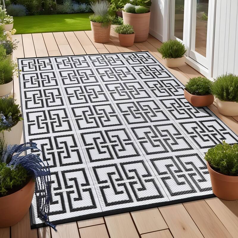 Beverly Rug Geometric Greek Key Outdoor Rug Waterproof for Patio, RV Camping