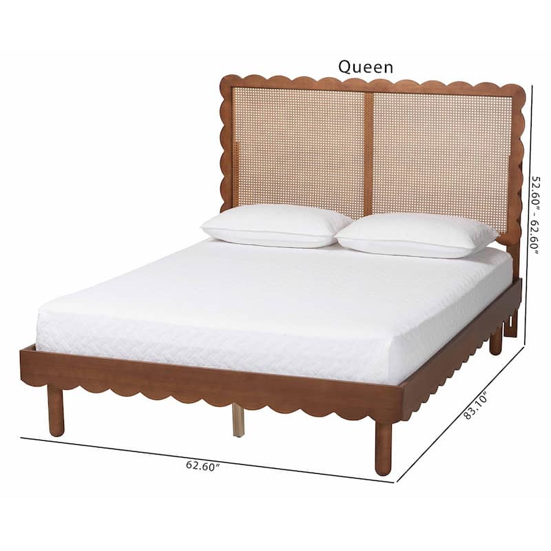 Orianthe Scalloped Platform Bed with Woven Rattan Headboard - Solid Wood Bed Frame with Curved Edge Design, Queen Size