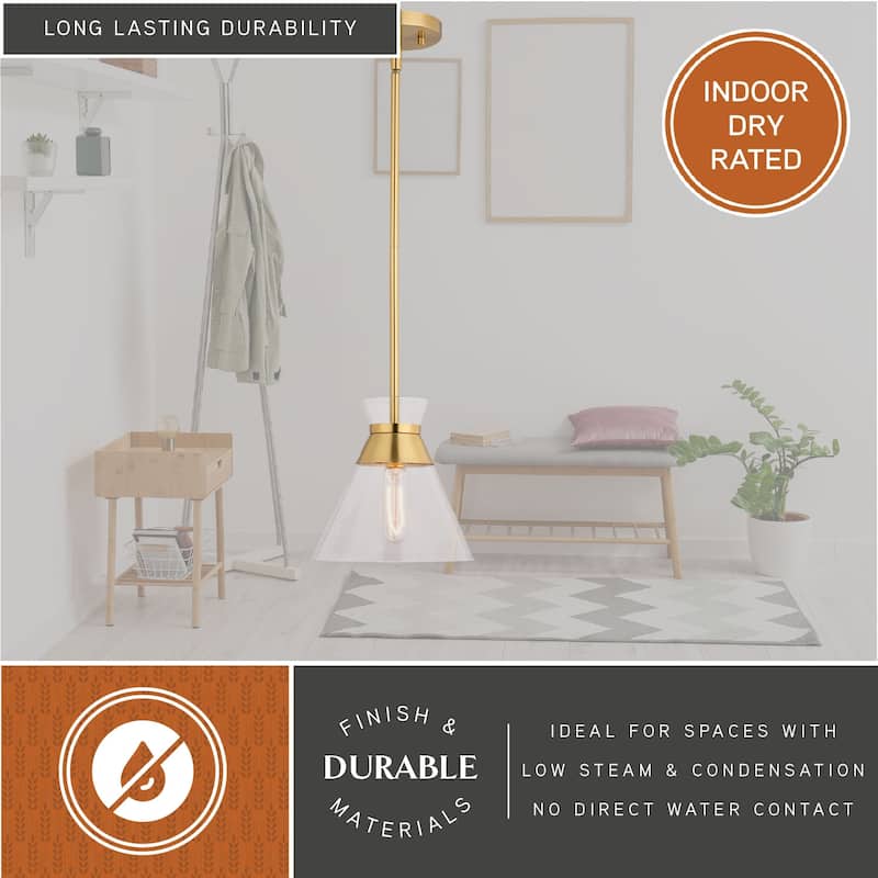 VAXCEL Harper 1-Light 8.5 in. Wide Natural Brass Gold Mid-Century Modern Mini Pendant with Clear Glass Cone Shade