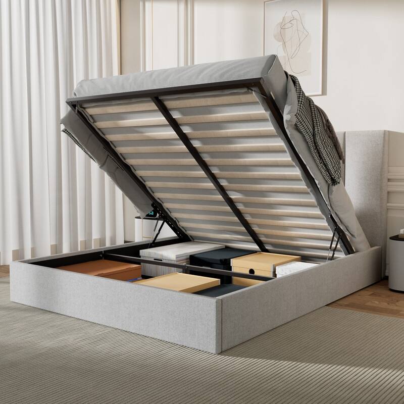 Modern Upholstered Lift-Up Storage Platform Bed with Headboard
