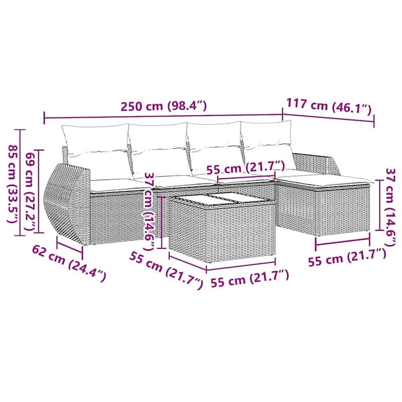 vidaXL Patio Sofa Set with Cushions Outdoor Conversation Furniture Poly Rattan - 21.7 x 21.7 x 14.6