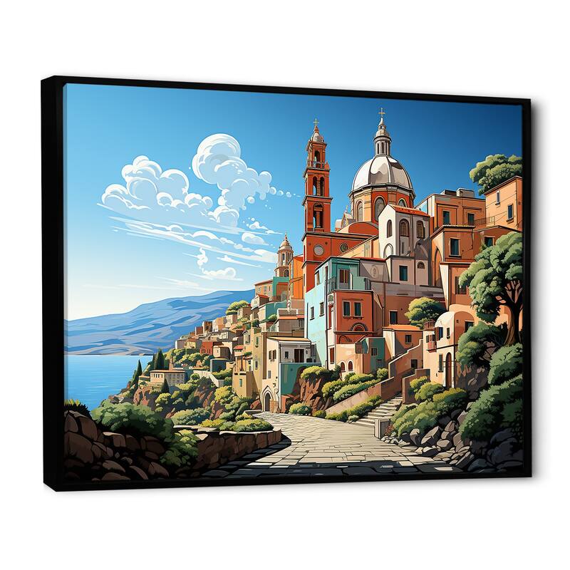 Designart "Italian Village By The Coast II" Landscape Italy Green Wall Decor - Global Entryway Framed Wall Art