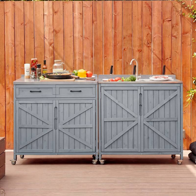 39.4" Outdoor Kitchen Island with 304 Stainless Steel Sink, Hose Hook Up & Faucet, Back Splash & 4 Wheels