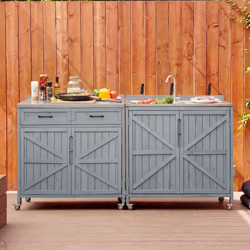 39.4" Rolling Outdoor Kitchen Island with 304 Stainless Steel Sink, Faucet & Cabinet for Pizza Prep