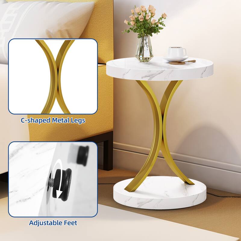 Moasis Modern Round End Tables Gold Round Side Table with Faux Marble Top and Gold Metal Frame