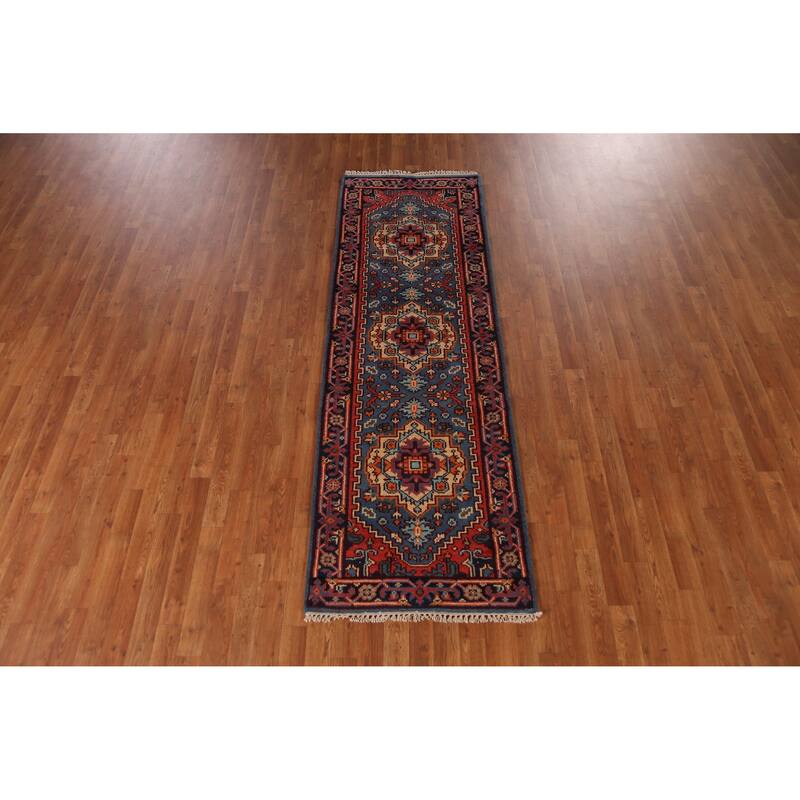 Hand Knotted Oriental 100% Wool Carpet Traditional Geometric Navy Blue & Blues Heriz (serapi) Runner Rug - 7' 10'' X 2' 7''