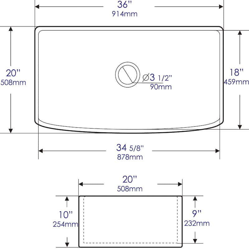 ALFI Brand White Smooth Curved Apron 36" x 20" Single Bowl Fireclay Farm Sink with Grid