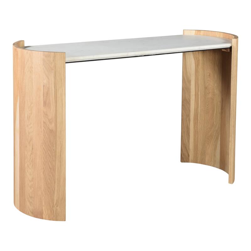 NADAAL STUDIOS Crest Console Table, Banswara White Marble Top, Oak Veneer Base, Natural Finish